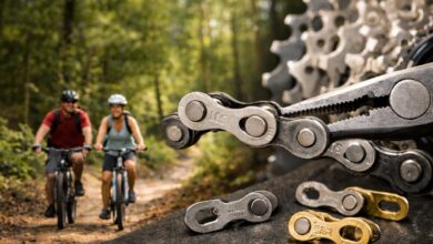 What is a bike chain master link? A couple enjoying a bike ride through a forest trail, alongside a close-up of pliers disconnecting a bike chain master link.