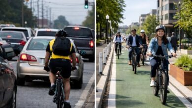 Comparison of bike commuting infrastructure improvements from 2008 to 2025 showing evolution of protected bike lanes