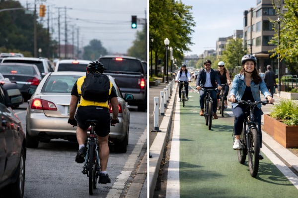 Comparison of bike commuting infrastructure improvements from 2008 to 2025 showing evolution of protected bike lanes