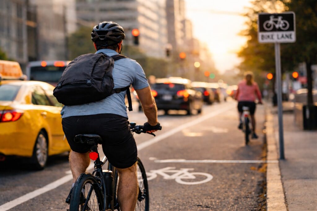 Bike commuter riding safely in city traffic demonstrating practical bike commuting