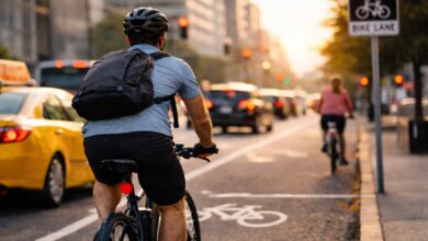 Bike commuter riding safely in city traffic demonstrating practical bike commuting
