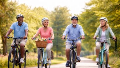 Bikes for seniors: Four happy couples riding bicycles together through a sunny park