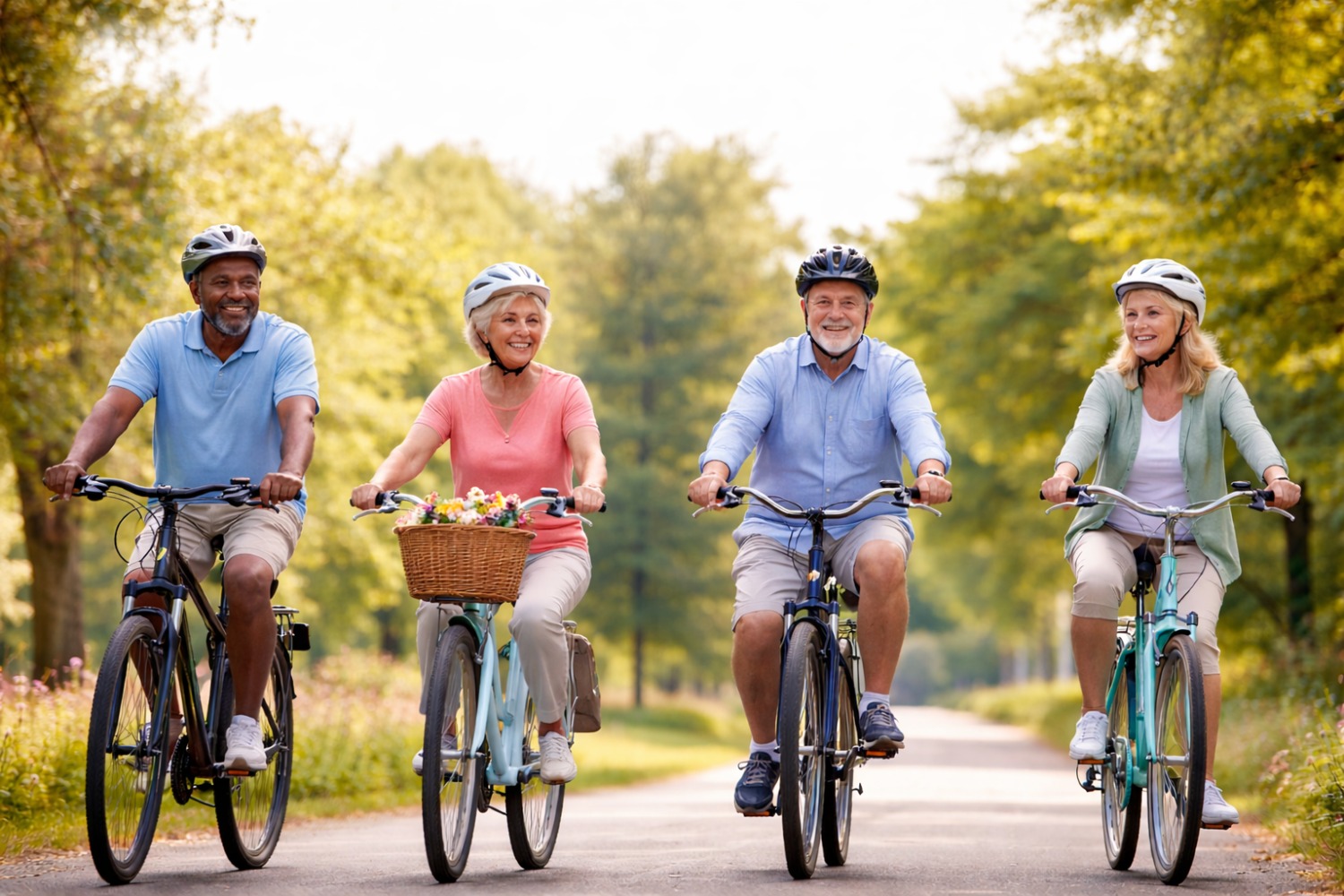 Bikes for seniors: Four happy couples riding bicycles together through a sunny park