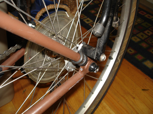 And the lower end where the rack legs would normally bolt into a brazed-on eyelet.