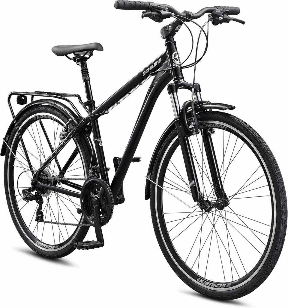 Schwinn Discover hybrid bike with step-through frame and front suspension, ideal for senior riders