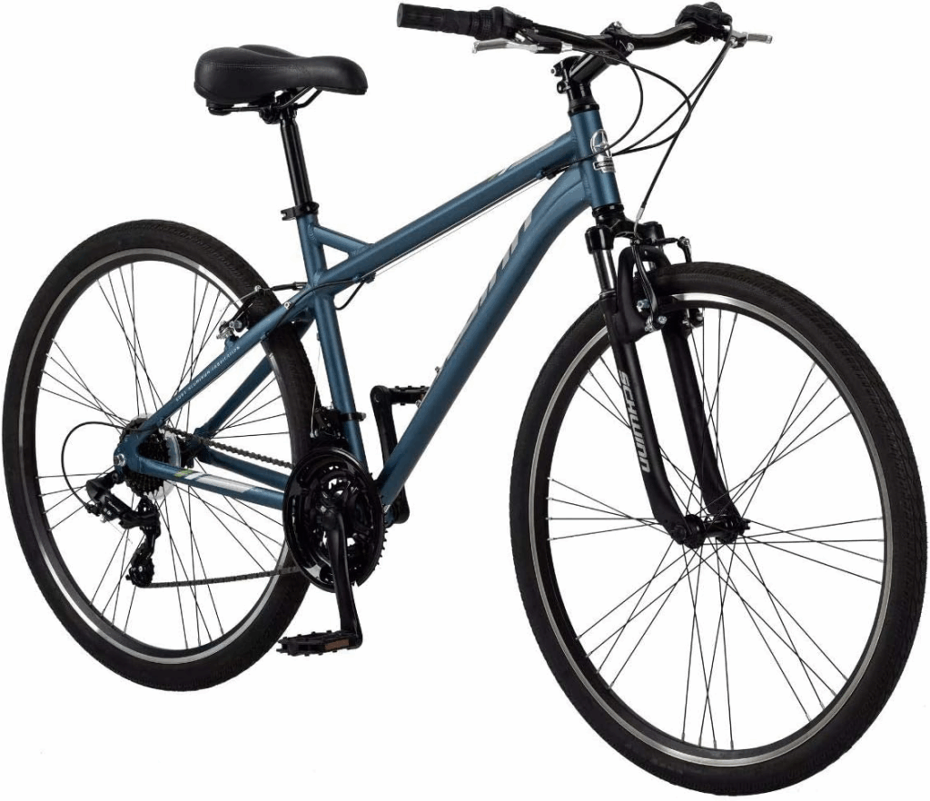 Schwinn Network 1 hybrid featuring low step-through aluminum frame for effortless mounting