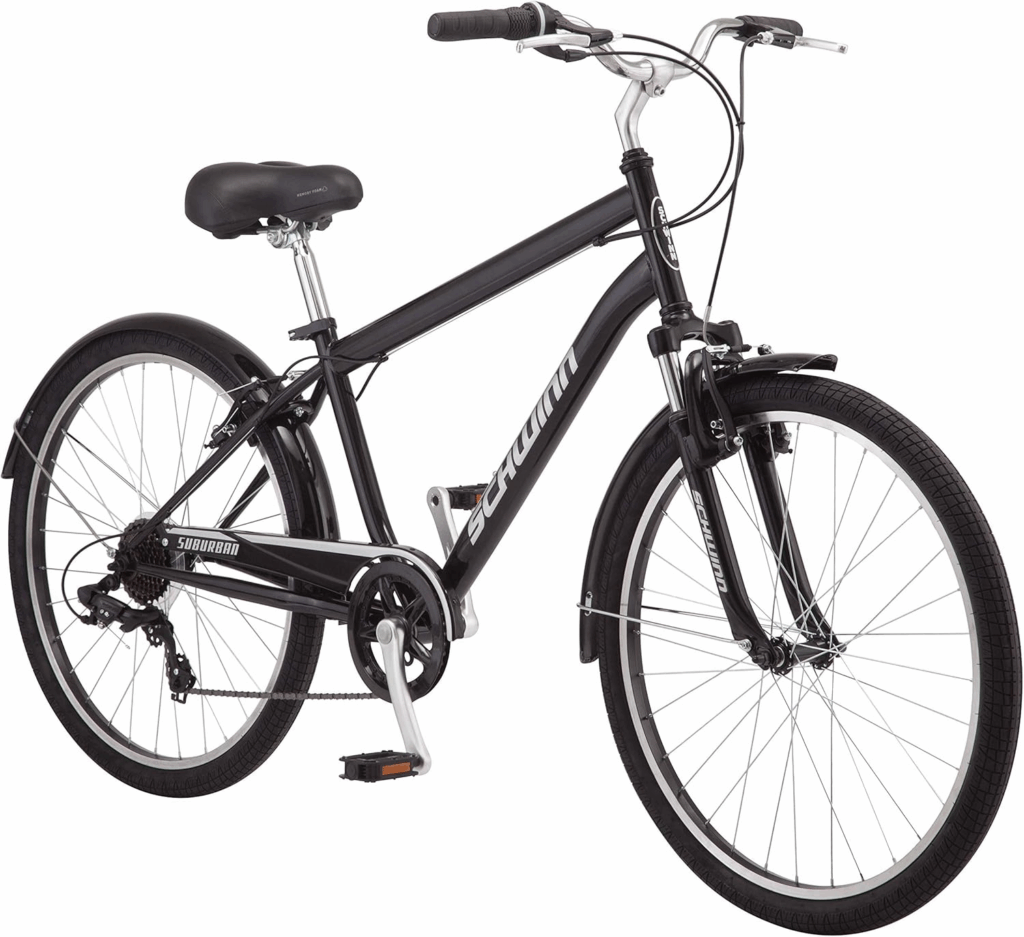 Schwinn Suburban comfort bike with step-through steel frame and practical fender setup