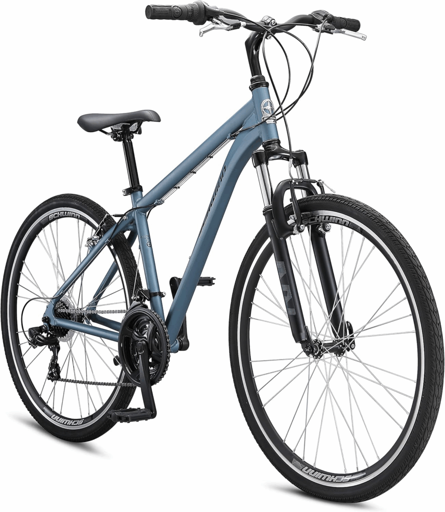 Schwinn Network 1 hybrid bike for commuting with upright riding position and rack mounts