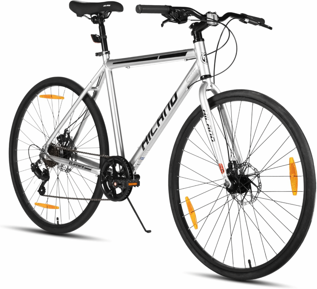
HILAND 700C road hybrid bike for commuting with dual-sport tires on urban pavement