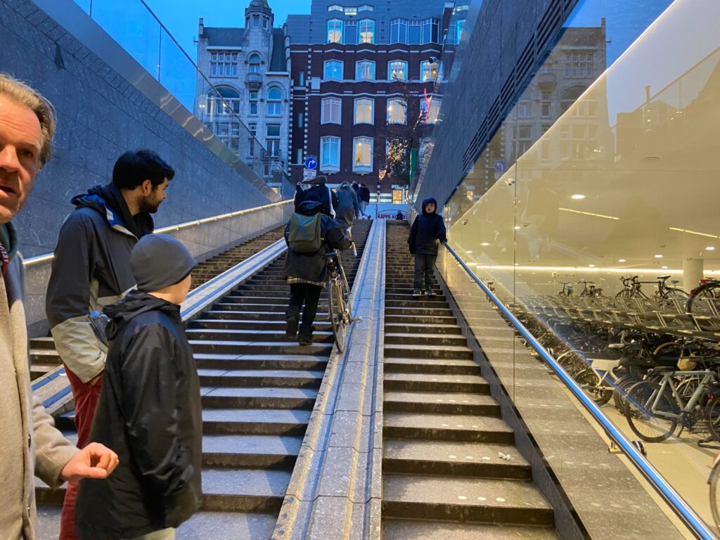 Access Stairs and Ramp to Underground Bicycle Garage in Central Amsterdam