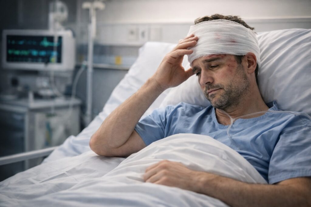 Medical professional examining bicycle helmet after accident for damage assessment