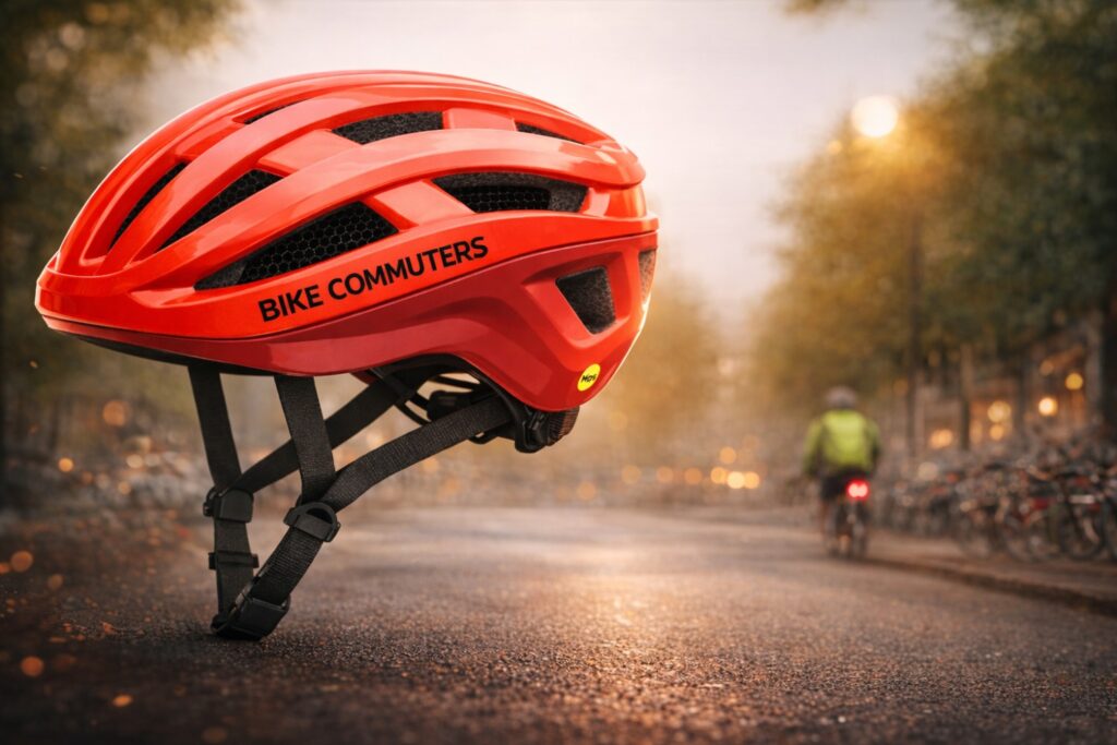 Best bike helmets hero image showing a red commuter cycling helmet with black “Bike Commuters” branding, suspended over an urban bike lane at sunset with a cyclist riding in the background.