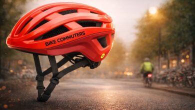 Best bike helmets hero image showing a red commuter cycling helmet with black “Bike Commuters” branding, suspended over an urban bike lane at sunset with a cyclist riding in the background.