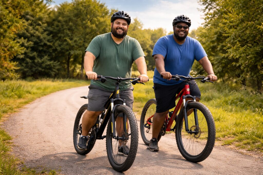 Two riders on best bikes for heavy riders cruising park bicycle path on high-capacity mountain bikes