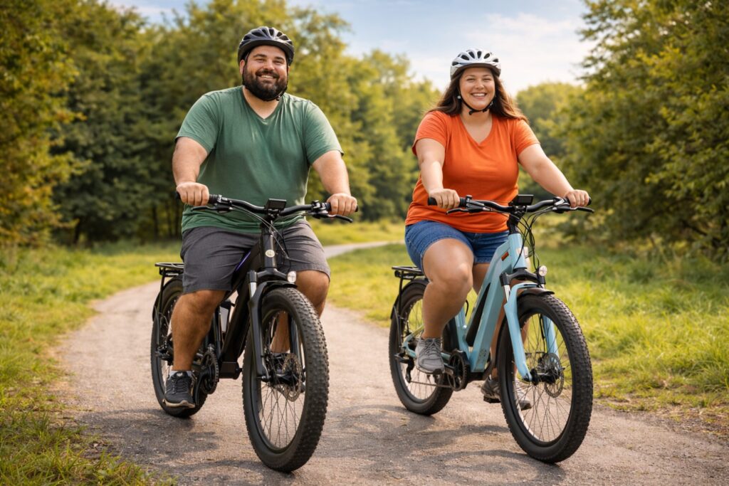Happy couple enjoying best electric bikes for heavy riders on sunny park path