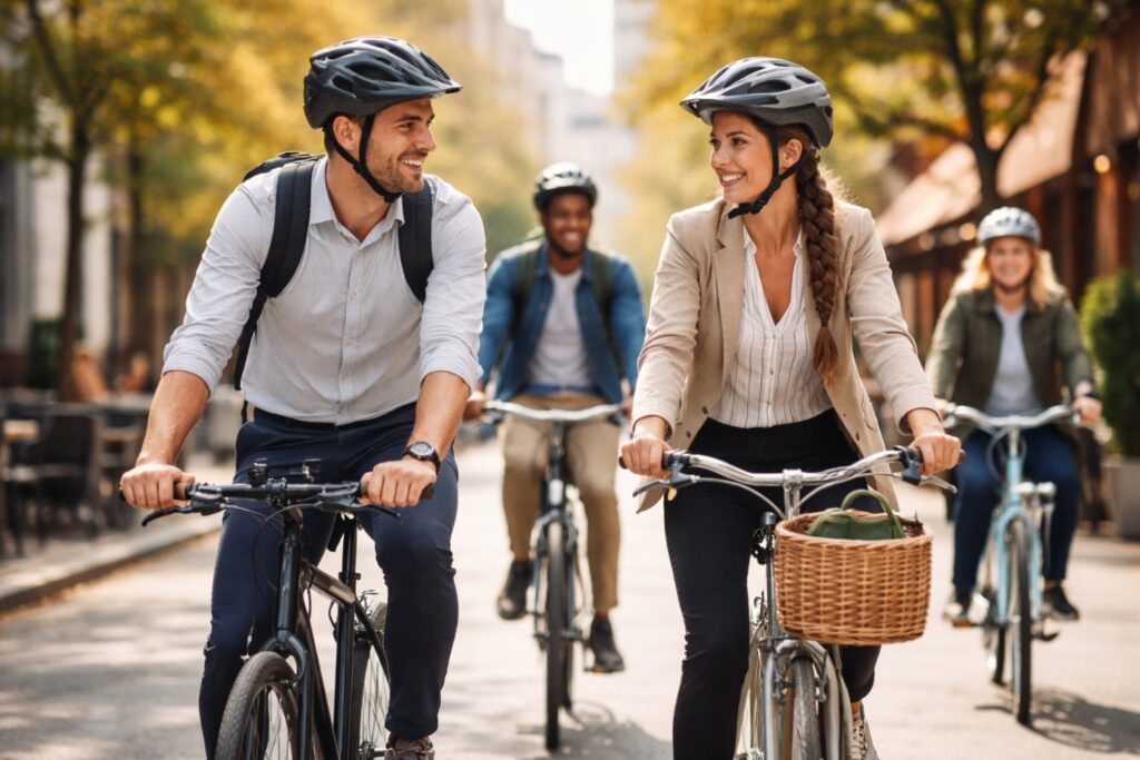 People riding bicycles through a city street wearing smart casual clothing, showing the best pants for bike commuting in an urban setting.