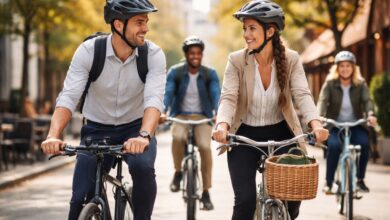 People riding bicycles through a city street wearing smart casual clothing, showing the best pants for bike commuting in an urban setting.