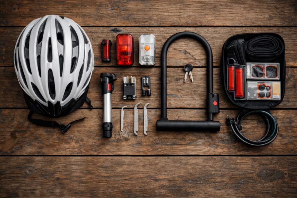 Essential bike commuting gear laid out including helmet, lights, lock, and repair kit