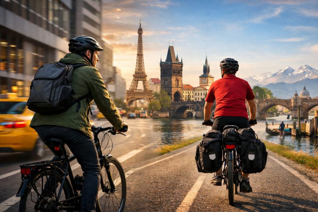 Bike commuter transitioning into travel cycling while riding through an international city showing how bike commuting to travel cycling creates global cycling experiences