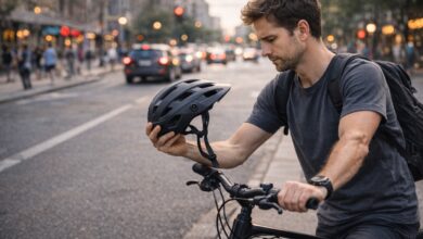 Cyclist holding bike helmet contemplating whether to wear it on urban street