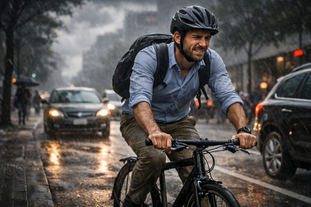 Cyclist commuting to work on city street during morning rush hour