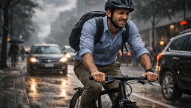Cyclist commuting to work on city street during morning rush hour