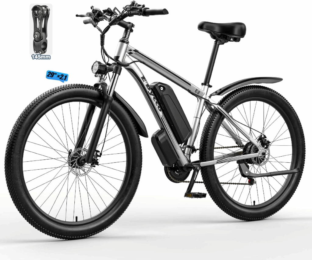 Electric mountain bike with 29-inch wheels, best mountain bike for commuting, removable battery visible, urban commuter setting