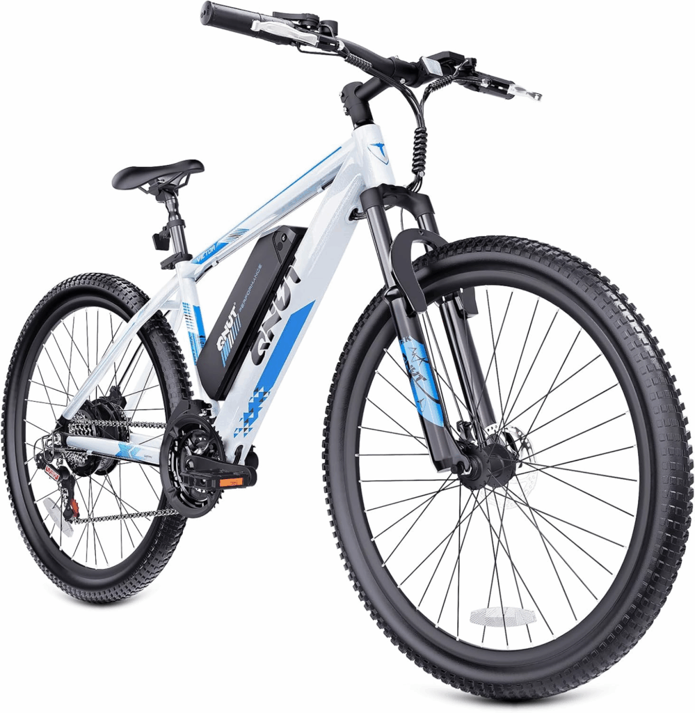 Budget electric mountain bike, best mountain bike for commuting, front suspension and battery pack visible