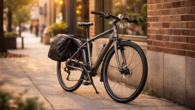 What is a commuter bike with practical accessories parked in an urban setting