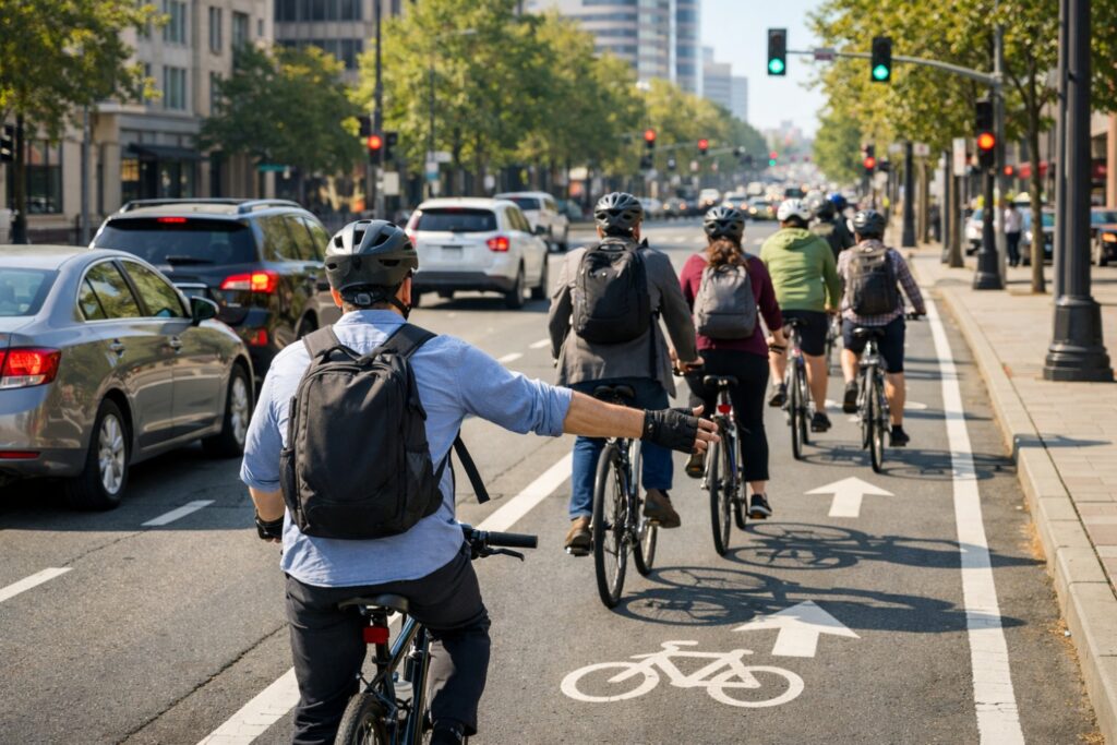 Group of cyclists riding in an urban bike lane with one rider signaling a turn by hand, demonstrating safe lane use, communication, and traffic interaction under bike laws by state.