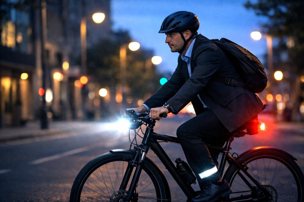 Bike commuter riding at dusk with bright white front light, red rear light, helmet, and reflective ankle band visible, demonstrating night visibility and required lighting equipment under bike laws by state.