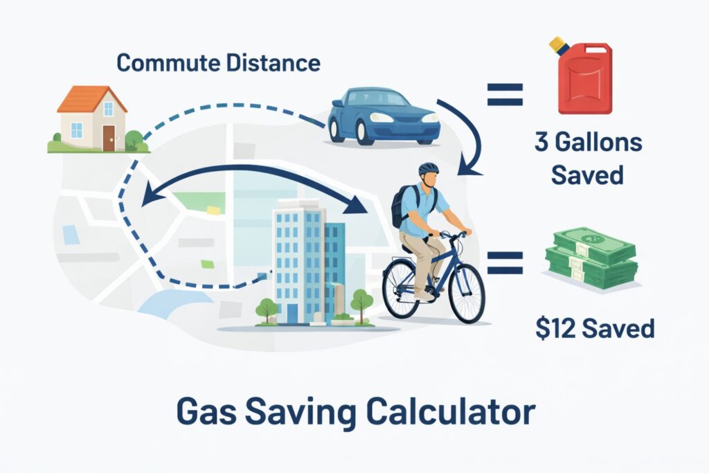 Simple visual showing commute distance, fuel savings, and money saved by choosing biking over driving, supporting the calculations demonstrated by the gas saving calculator.