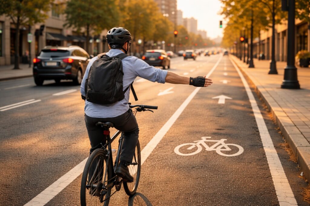 Cyclist riding in a marked urban bike lane at sunset extending arm to signal a turn, demonstrating proper hand signaling and lane discipline in accordance with bike laws by state.