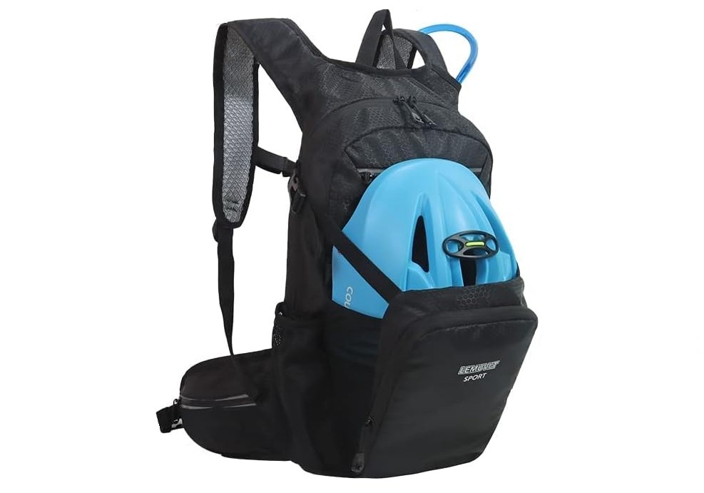Black lightweight cycling backpack with padded shoulder straps, front helmet holder carrying a blue bike helmet, and hydration tube, designed as the best backpack for bike commuting with compact storage and reflective detailing.