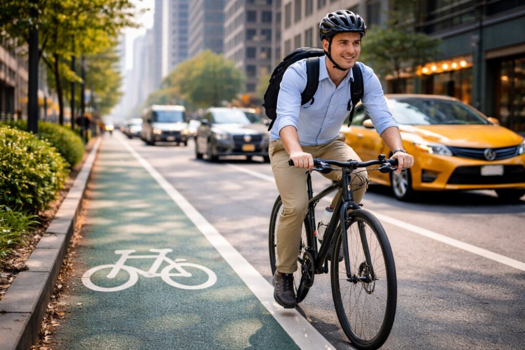 Urban cyclist commuting in a marked bike lane wearing a helmet and backpack, riding alongside city traffic in daylight, illustrating safe road positioning and awareness under bike laws by state.