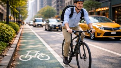 Urban cyclist commuting in a marked bike lane wearing a helmet and backpack, riding alongside city traffic in daylight, illustrating safe road positioning and awareness under bike laws by state.