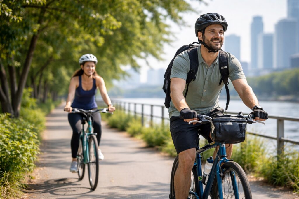 Two cyclists commuting along a scenic urban riverside path during a daily ride, demonstrating steady fitness and calorie burn tracked with a cycling calorie calculator.