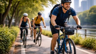 Group of cyclists riding hard along an urban greenway during a daily commute, demonstrating sustained effort and calorie burn measured with a cycling calorie calculator.