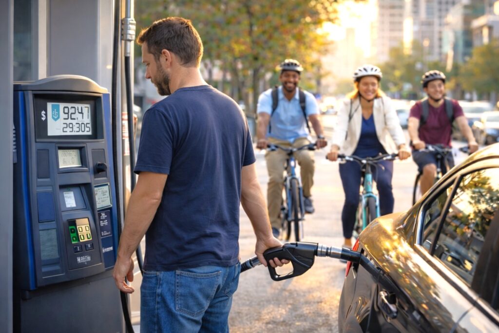 Man refueling his car at a gas station while smiling cyclists ride past in the background, illustrating the real-world cost contrast highlighted by the gas saving calculator.