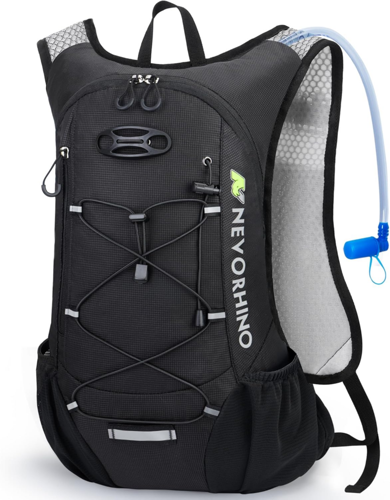 Black lightweight cycling backpack with hydration tube, elastic front cord storage, breathable mesh back panel, and multiple compartments, designed for comfort and practicality as one of the best backpack for bike commuting for daily riders.