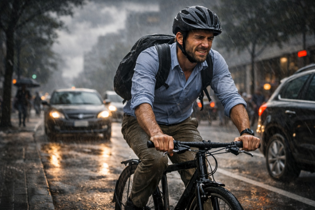 Bike commuter riding through heavy rain in city traffic, showing real-world conditions and consistent savings tracked with a gas saving calculator.