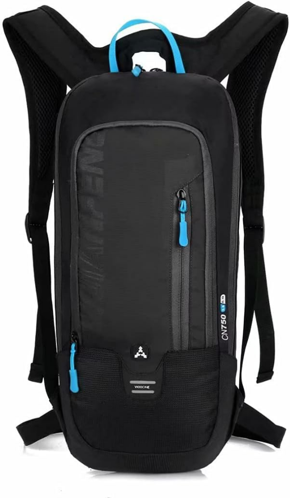 Slim black cycling backpack with blue zipper pulls, padded shoulder straps, and compact vertical design, built for lightweight storage and comfort as one of the best backpack for bike commuting for daily urban rides.