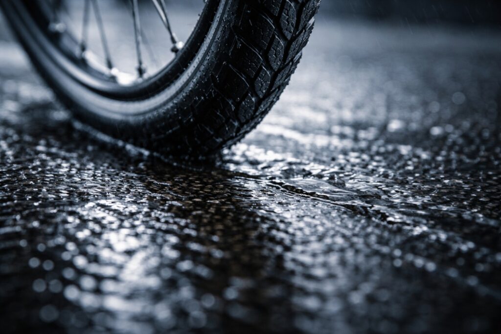 Close-up of a bicycle tire on a wet road surface showing water film affecting grip