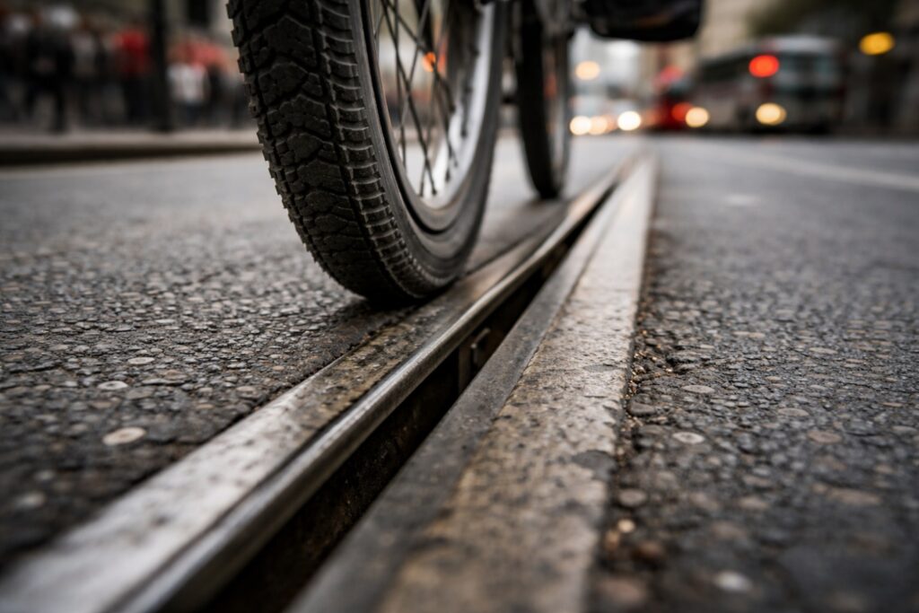 Bicycle tyre approaching a streetcar rail track showing the flangeway gap, a key bicycle safety hazard in urban cycling