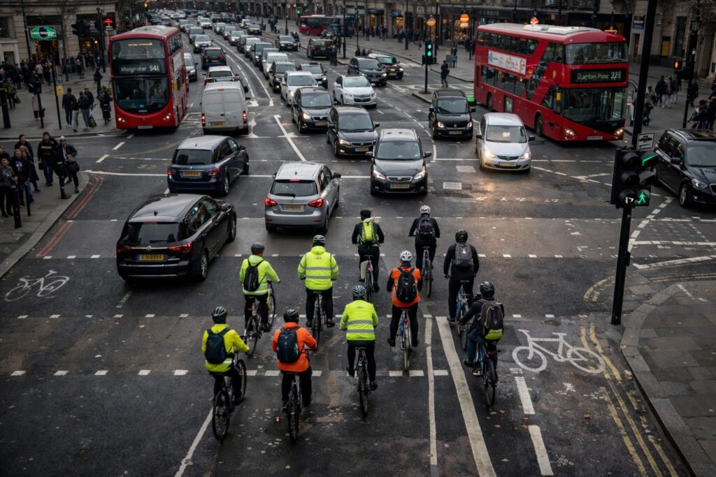 Aerial view of a busy urban intersection showing cyclists and motor vehicles, highlighting the complexity of urban cycling safety.