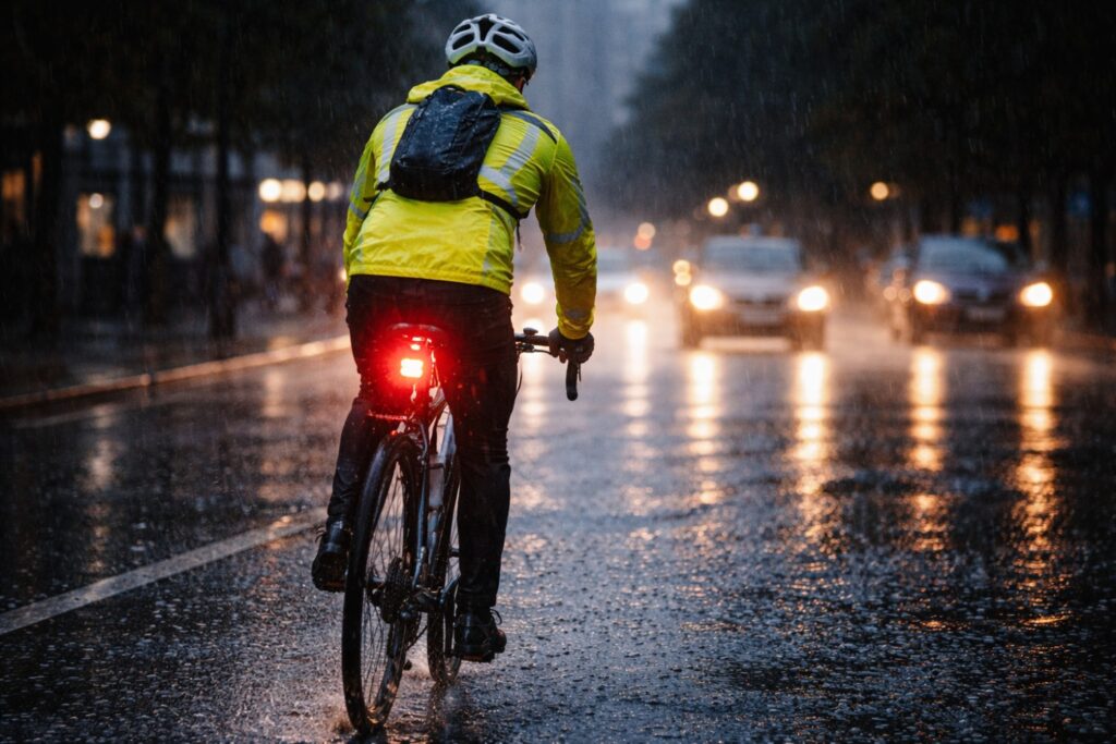 Commuter cyclist with bright front and rear lights riding in rain on a wet city road at dusk