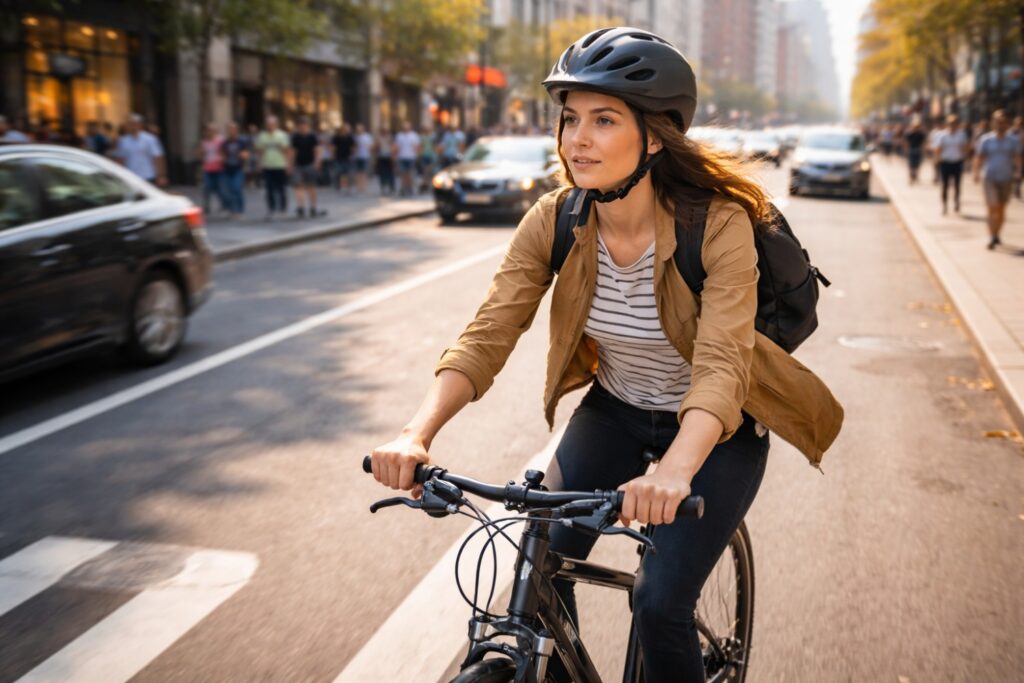 A confident cyclist navigating traffic on a busy urban street, illustrating awareness of the most common bike accidents