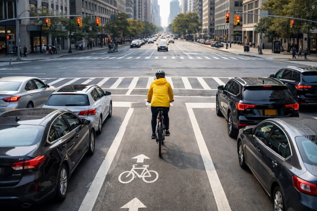 Cyclist approaching a busy urban intersection, one of the most common locations for bike accidents between cyclists and vehicles