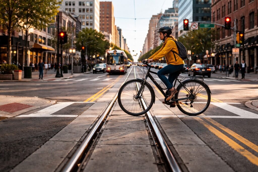 Cyclist crossing streetcar rail tracks at a safe near-perpendicular angle to avoid one of the most predictable common bicycle crashes