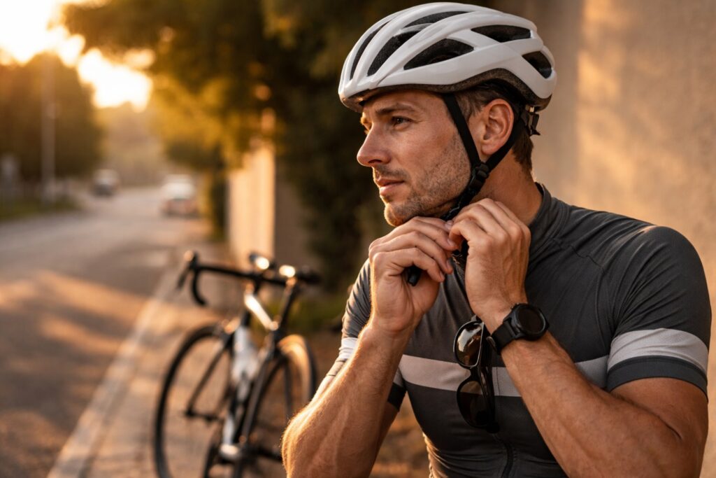 Cyclist securing their road cycling helmet before a ride, highlighting the importance of helmet use in preventing serious head injuries while cycling.